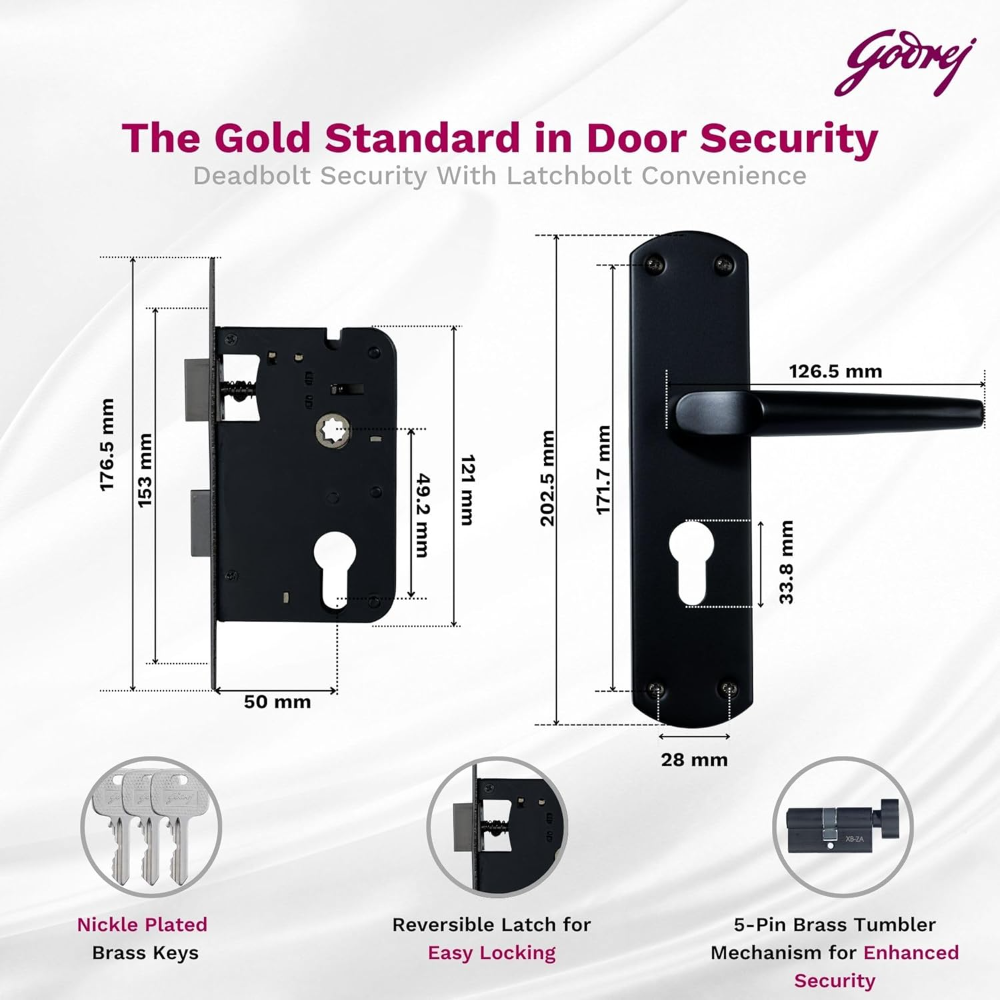 Godrej Mortise Lock I Handle Set 1CK EM01 I Matt Black Finish I 6-Lever Lock I 3 Keys I Double Throw I Left or Right Handed Door Operation I Mortise Lock with Latch for Home | 5 Years Warranty